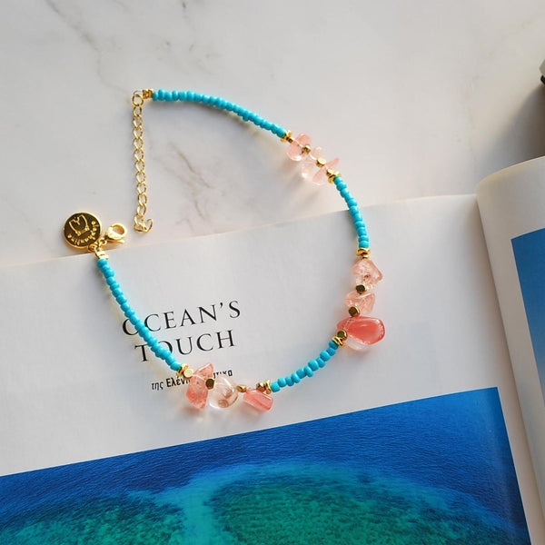 Βραχιόλι ποδιού με ροζ αχάτες και τίρκουαζ χάντρες