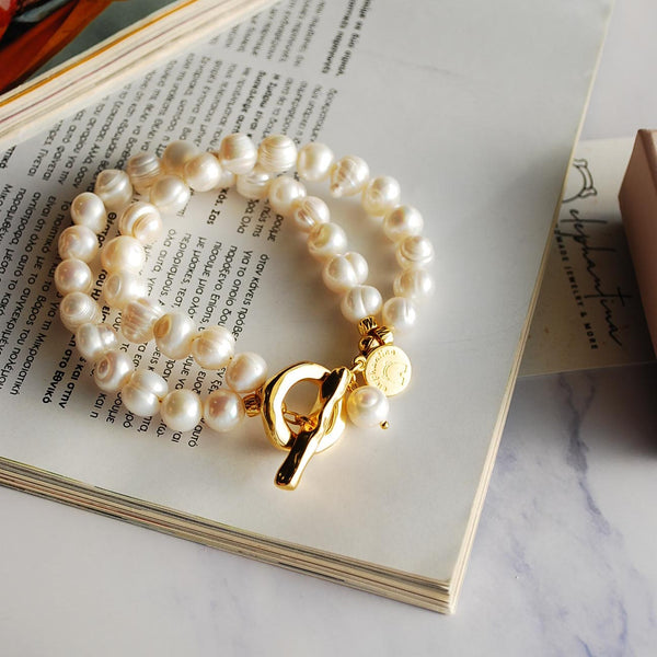 Βραχιόλι δίσειρο με μεγάλα μαργαριτάρια και κούμπωμα ασφαλείας