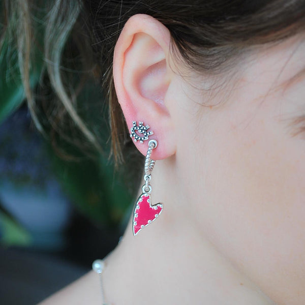 Σκουλαρίκια κρικάκια ασημί κρεμαστά με καρδιά και σμάλτο