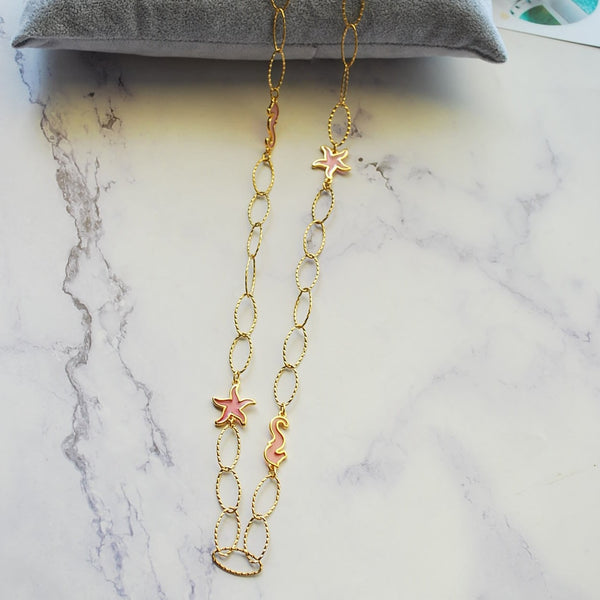 Κολιέ με ατσάλινη αλυσίδα και στοιχεία ''sea mix'' βιτρό ροζ