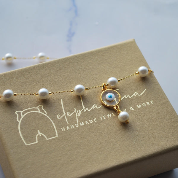 Κολιέ με αλυσίδα πέρλες ροζάριο και στοιχείο κρεμαστό ματάκι βιτρό