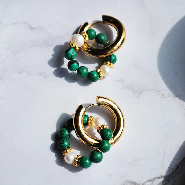 Σκουλαρίκια Κρίκοι με multi γυάλινες πέτρες ''Oceanica malachite''