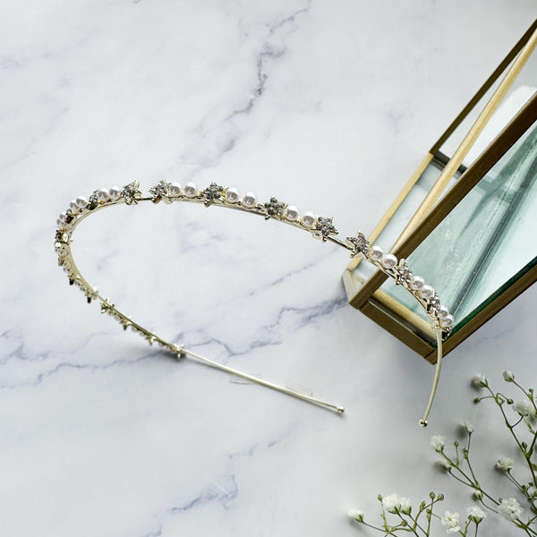 Νυφική Επίχρυση Στέκα με σχέδιο αστεράκια, πέρλες & στρας