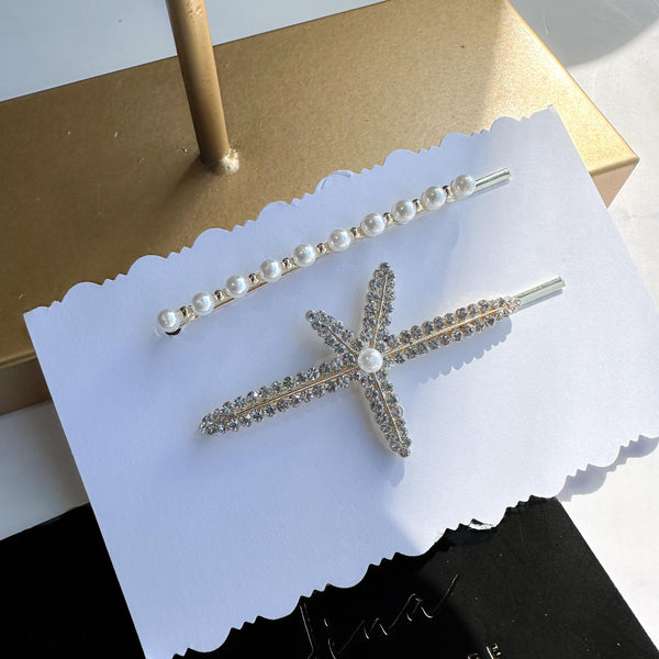 Τσιμπιδάκια μαλλιών Σετ 2 κλιπ με σχέδιο ''starfish'' πέρλες & στρας