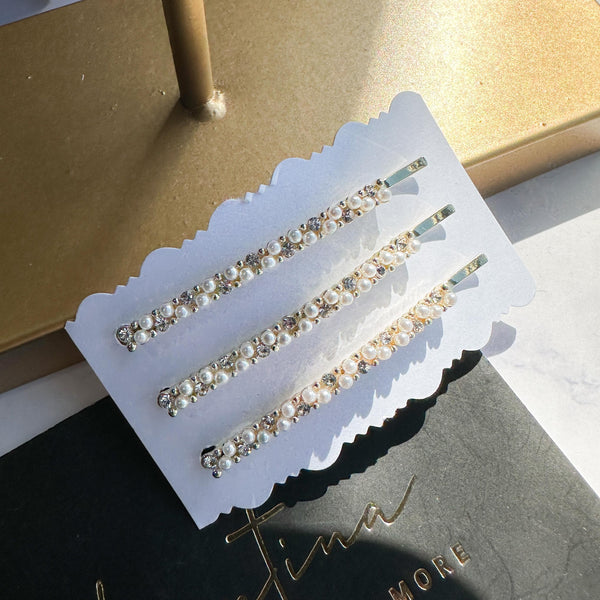 Τσιμπιδάκια μαλλιών Σετ 3 κλιπ με σχέδιο περλίτσες & στρας