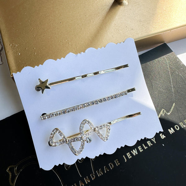 Tσιμπιδάκια μαλλιών Σετ 3 κλιπ με σχέδιο Φιόγκοι, Αστέρι & στρας