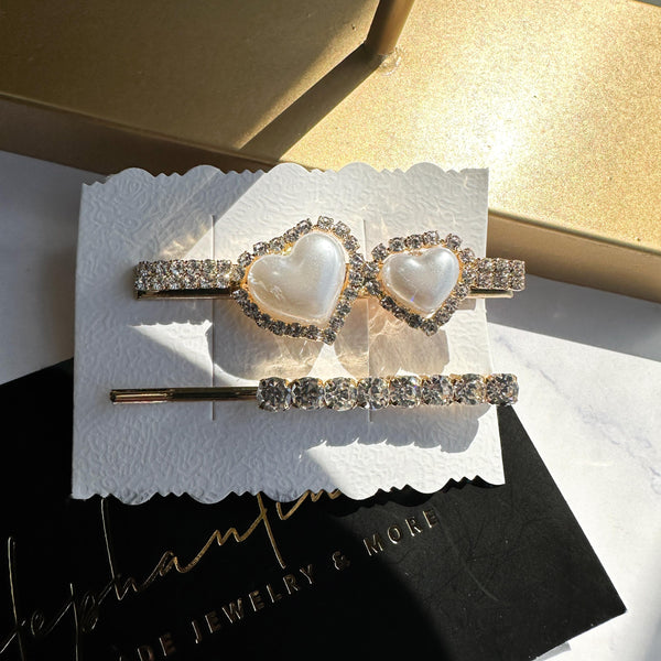Τσιμπιδάκια μαλλιών Σετ 2 κλιπ καρδιά πέρλες με στρας