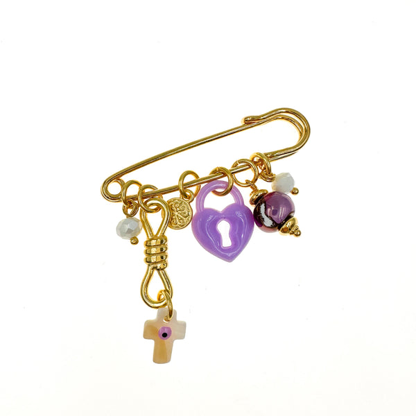 Παραμάνα παιδική με μωβ καρδιά κλειδαριά και φίλντισι σταυρό