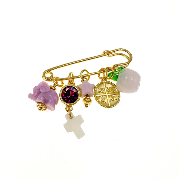 Παραμάνα παιδική με μωβ κρύσταλλο σμάλτο και ΄΄εν τούτω νικα΄΄