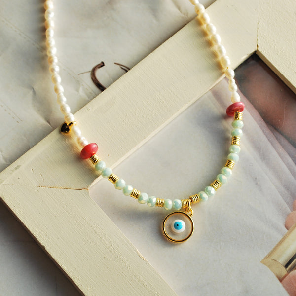 Κολιέ με ματάκι, μαργαριτάρια γλυκού νερού και κρυσταλλάκια